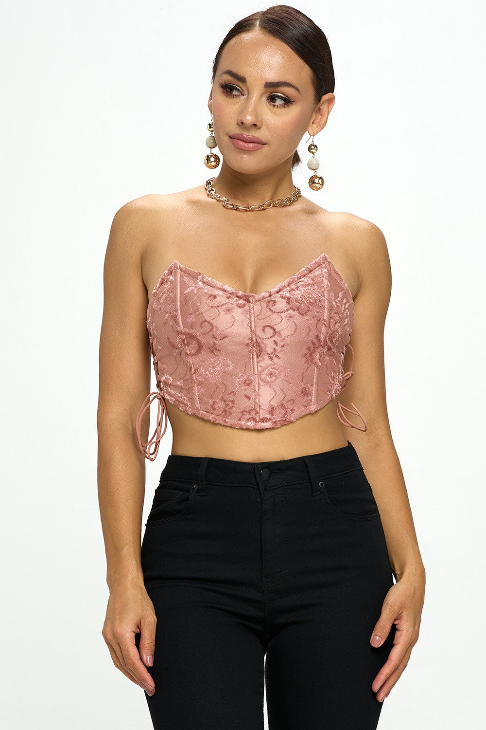 VELVET STRAPLESS SIDE LACE UP BUSTIER CROP TOP – OhYes Fashion