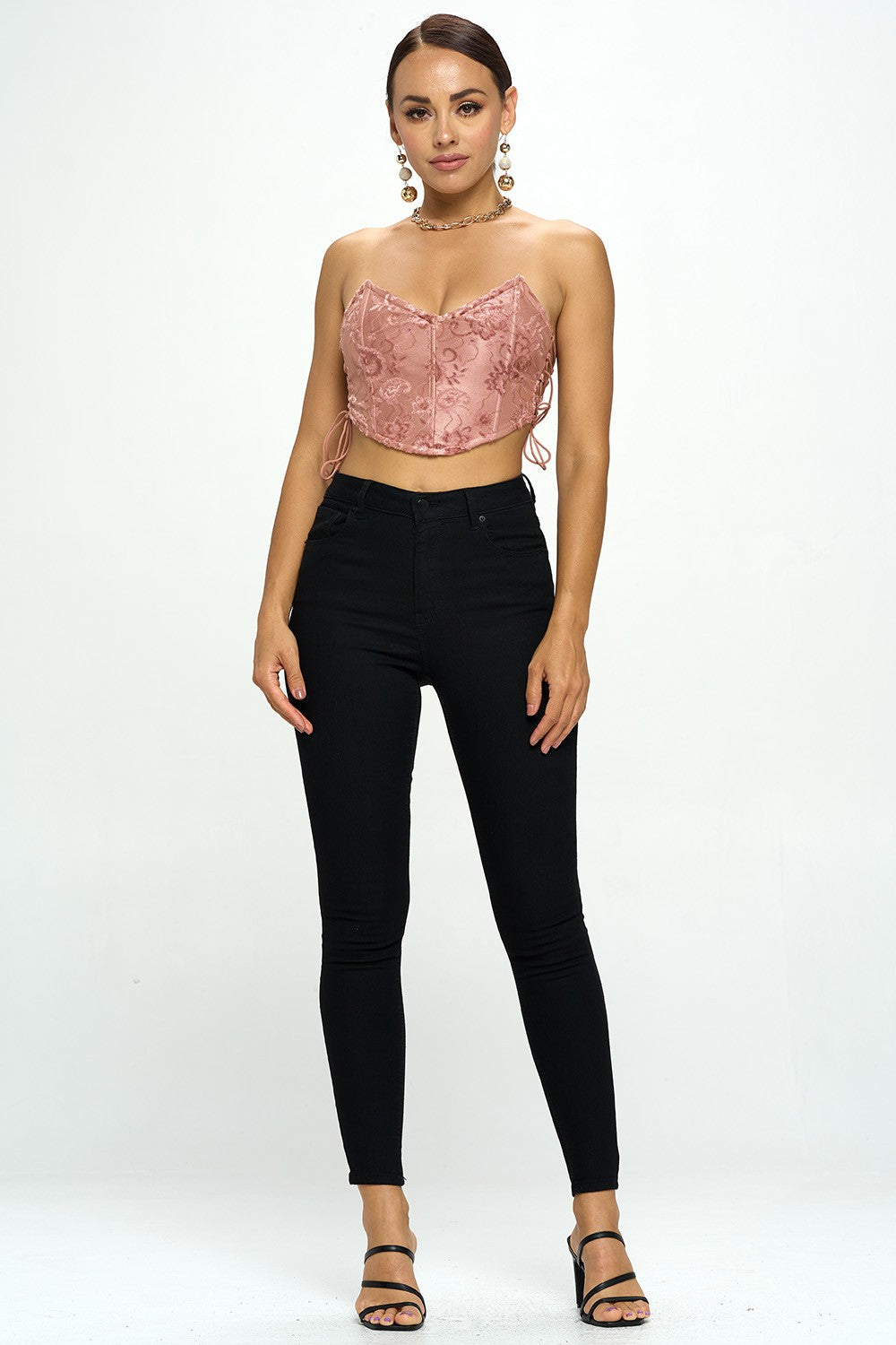 VELVET STRAPLESS SIDE LACE UP CORSET TOP