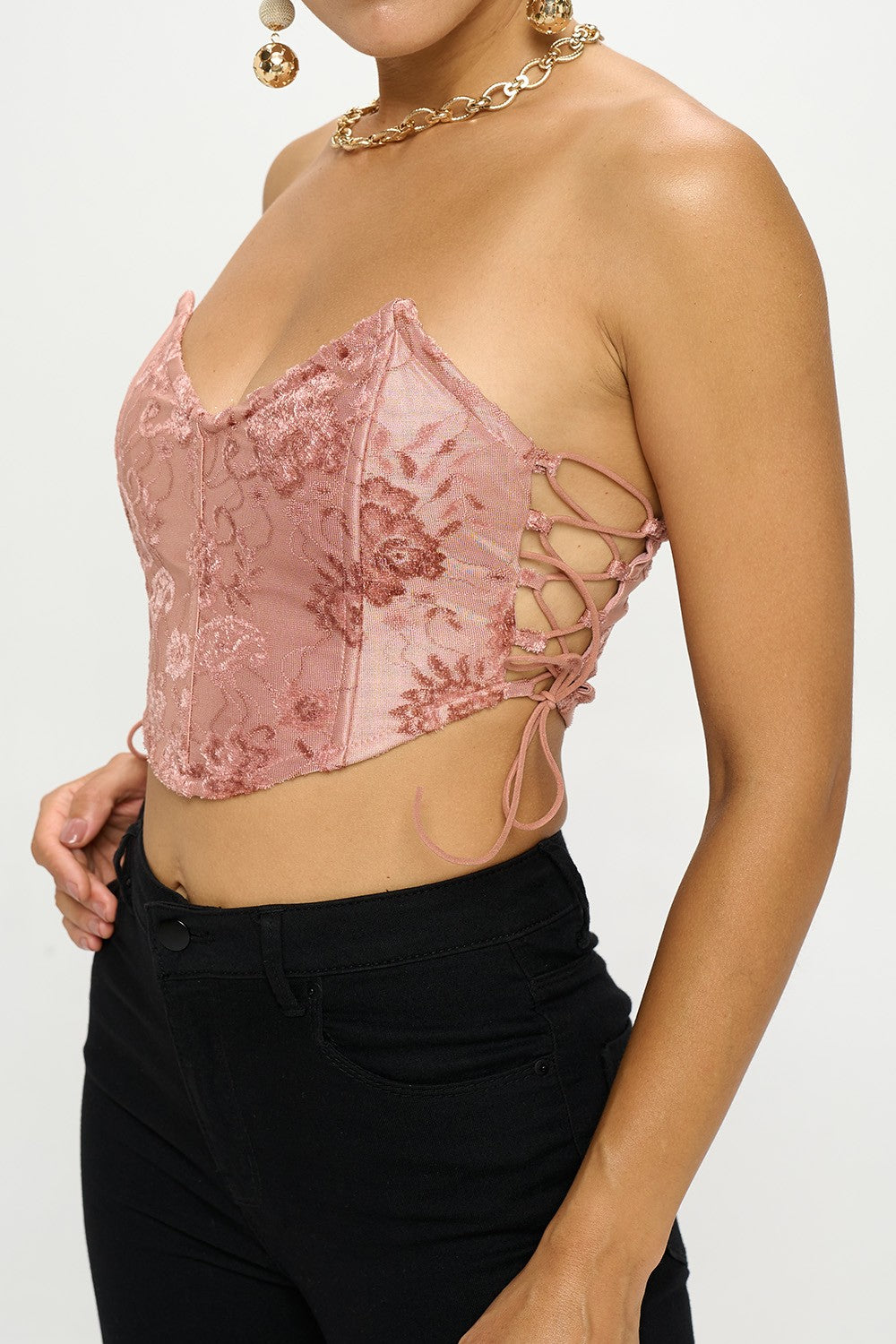 VELVET STRAPLESS SIDE LACE UP CORSET TOP