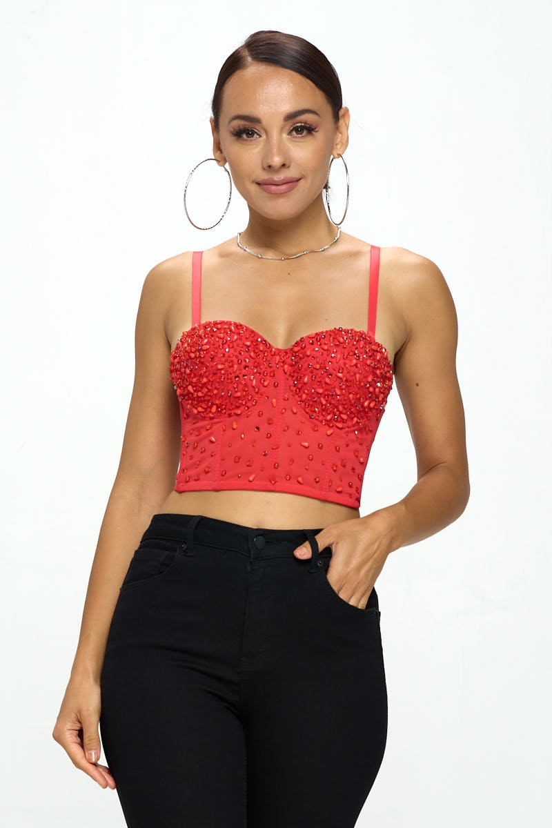 BEAD & CRYSTAL EMBELLISHED BUSTIER CROP TOP_D7060