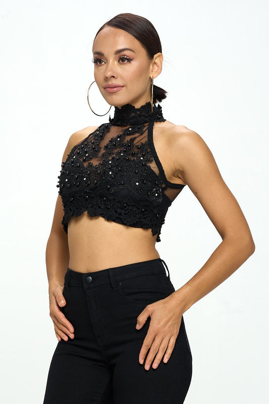 MOCK NECK BEADED LACE CROP TOP_D7079
