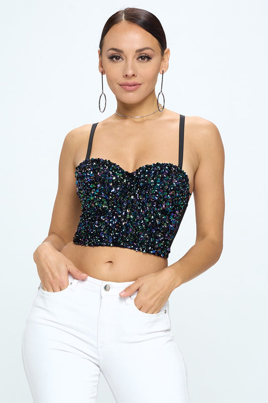 IRIDESCENT GREEN BLACK MERMAID SEQUIN BUSTIER CROP TOP_D7122