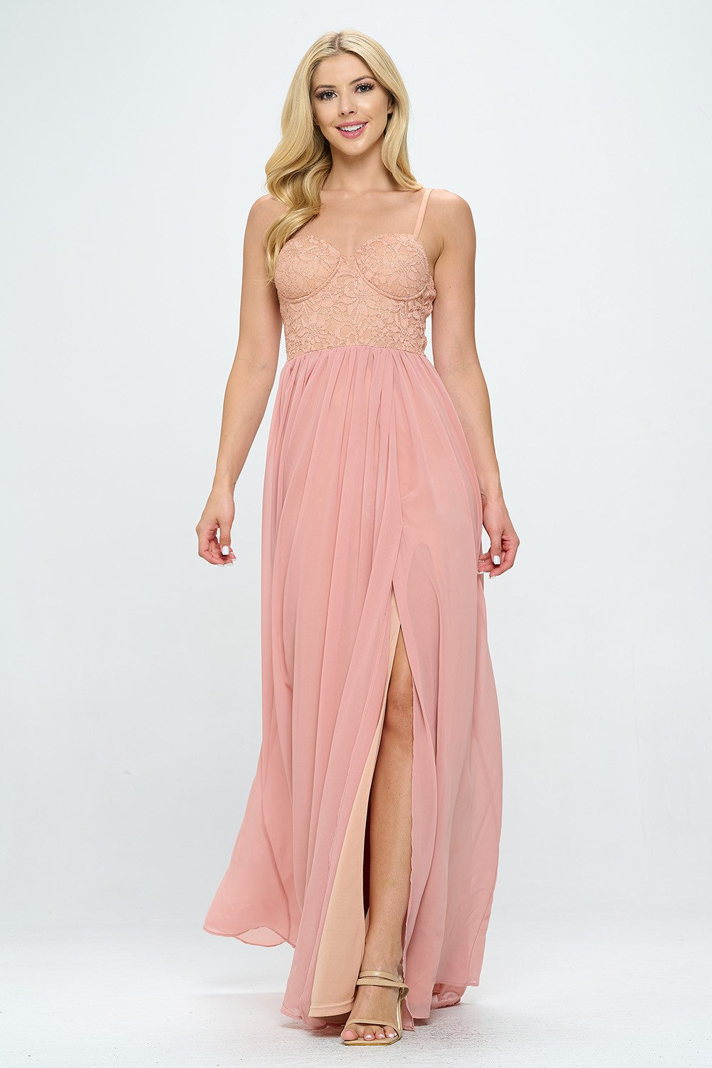 LACE DETAIL BUSTIER BODICE FLOOR LENGTH SLITTED DRESS