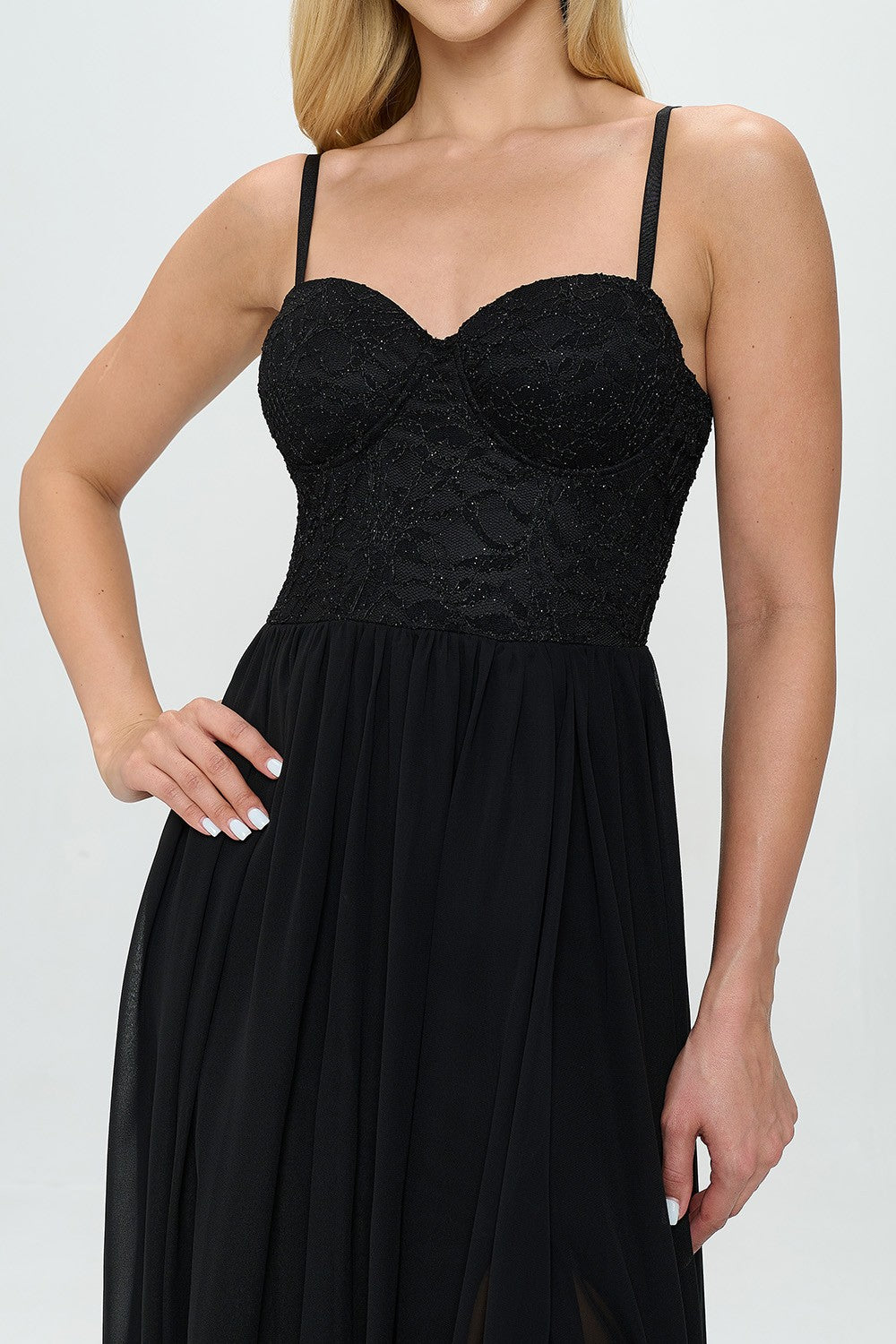 LACE DETAIL BUSTIER BODICE FLOOR LENGTH SLITTED DRESS
