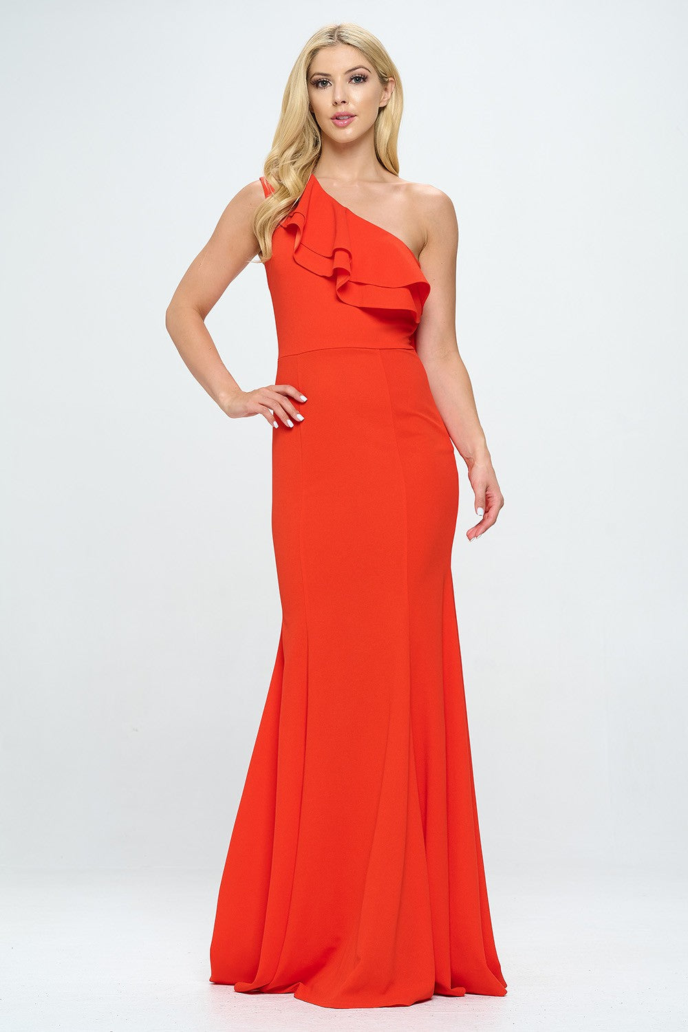 RUFFLED ONE SHOULDER FLOOR LENGTH MAXI DRESS