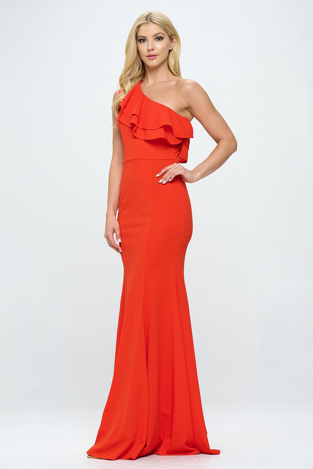 RUFFLED ONE SHOULDER FLOOR LENGTH MAXI DRESS