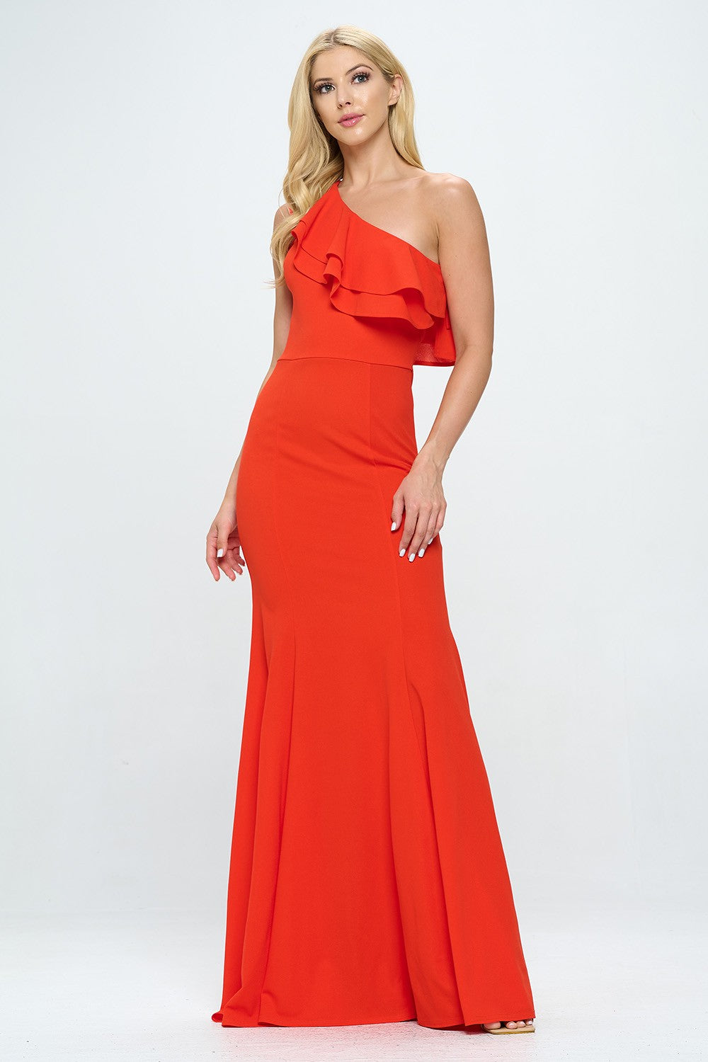 RUFFLED ONE SHOULDER FLOOR LENGTH MAXI DRESS