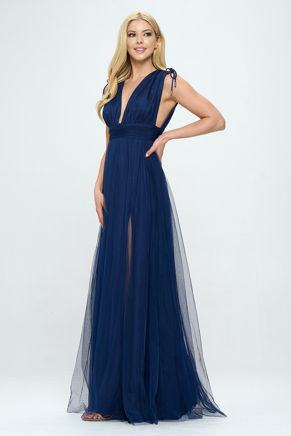 PLUNGING NECKLINE LAYERED TULLE MAXI DRESS