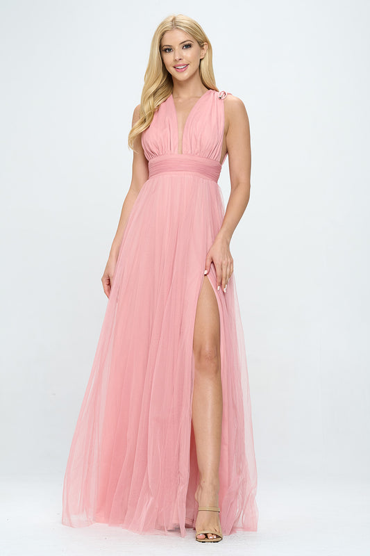 PLUNGING NECKLINE LAYERED TULLE MAXI DRESS