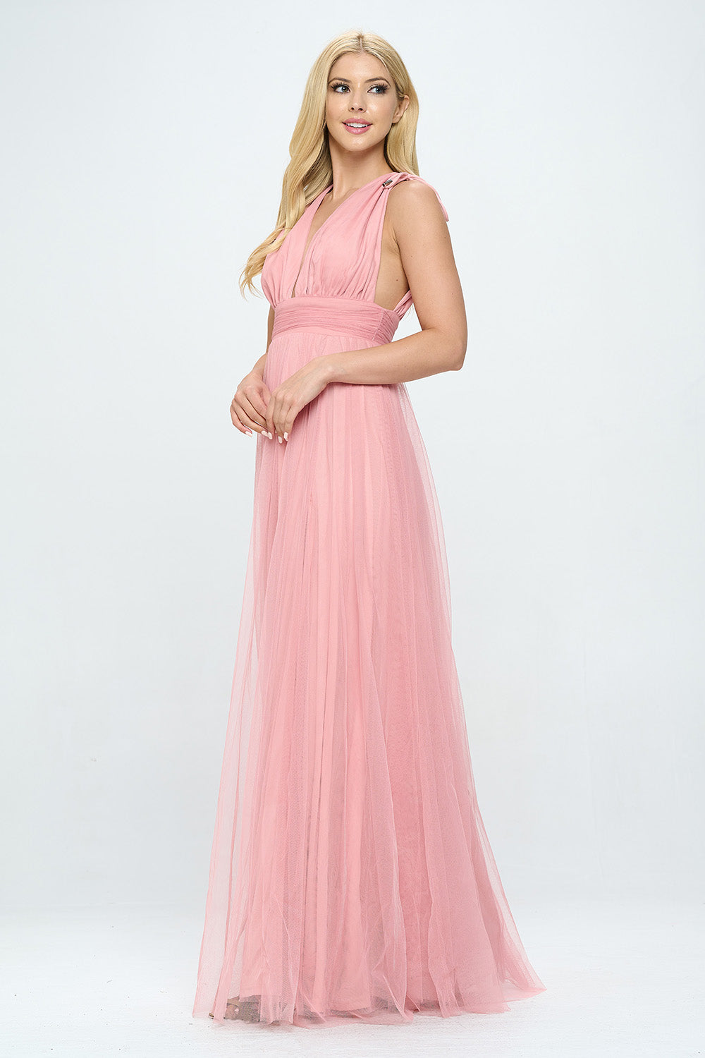 PLUNGING NECKLINE LAYERED TULLE MAXI DRESS