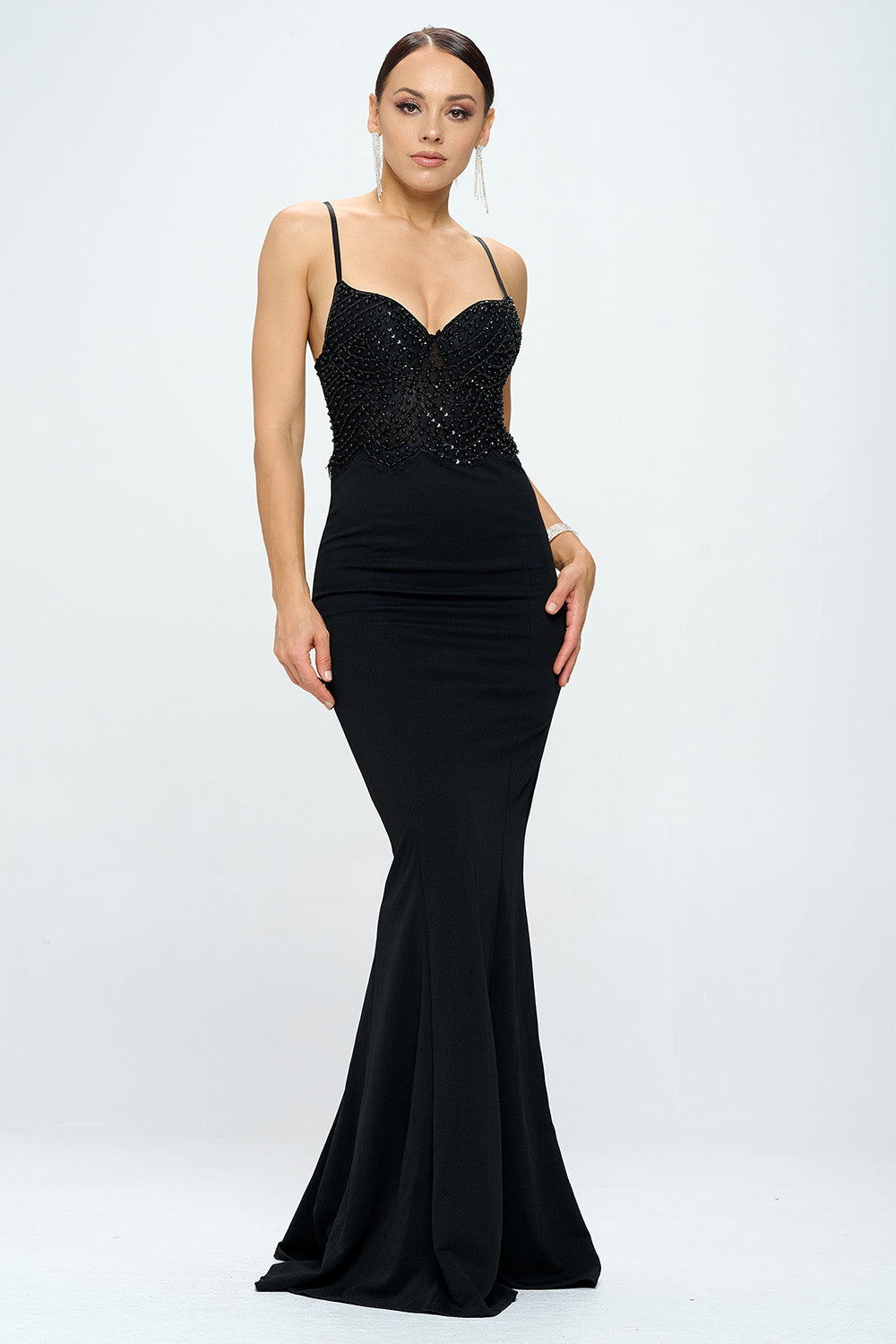 LACE SEQUIN EMBELLISHED MERMAID FLOOR LENGTH DRESS