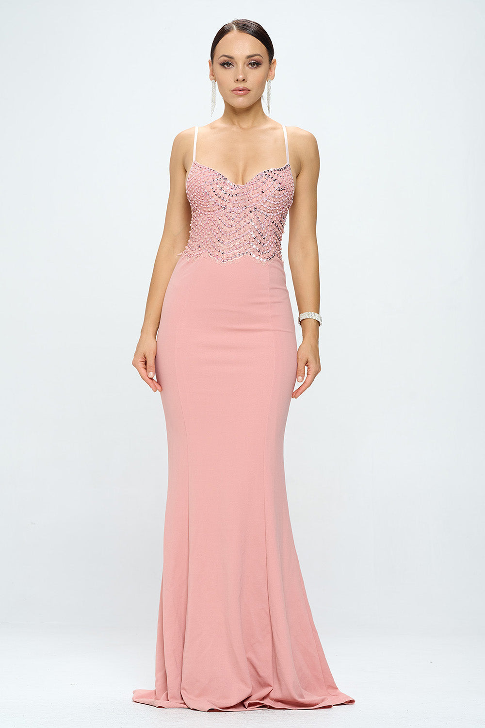 LACE SEQUIN EMBELLISHED MERMAID FLOOR LENGTH DRESS