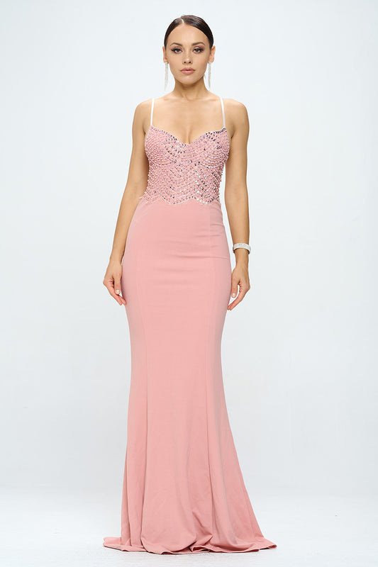 LACE SEQUIN EMBELLISHED MERMAID FLOOR LENGTH DRESS