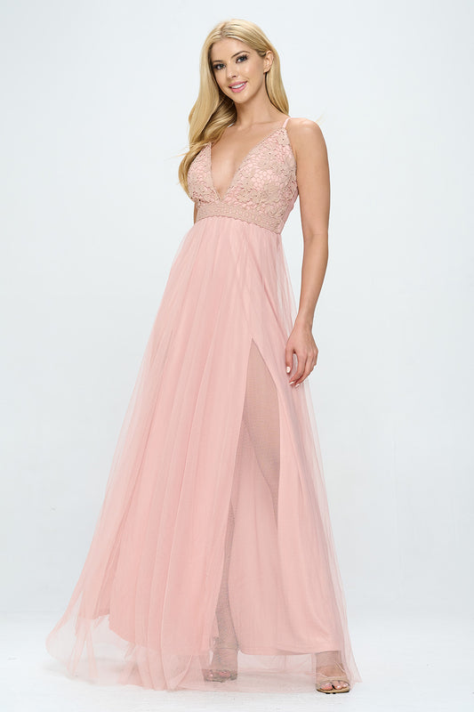 EMBROIDERED FLOWER LACE LAYERED TULLE MAXI DRESS
