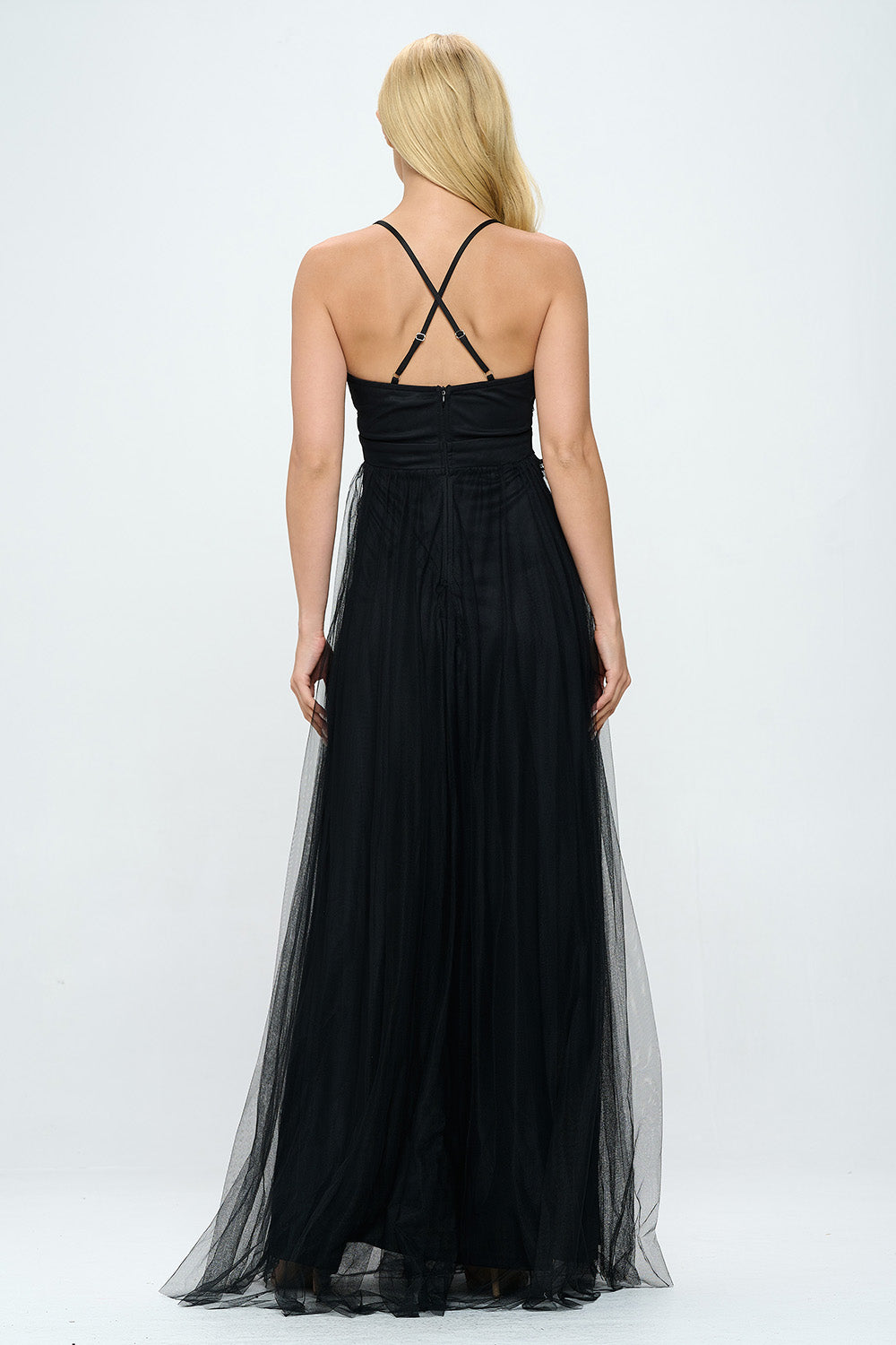 EMBROIDERED LACE DETAIL LAYERED TULLE MAXI DRESS