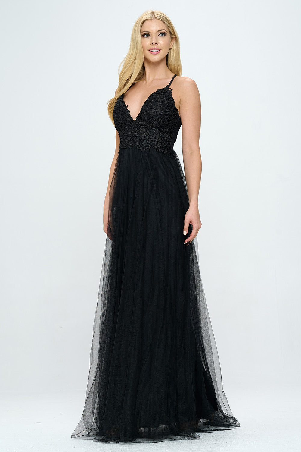 EMBROIDERED LACE DETAIL LAYERED TULLE MAXI DRESS