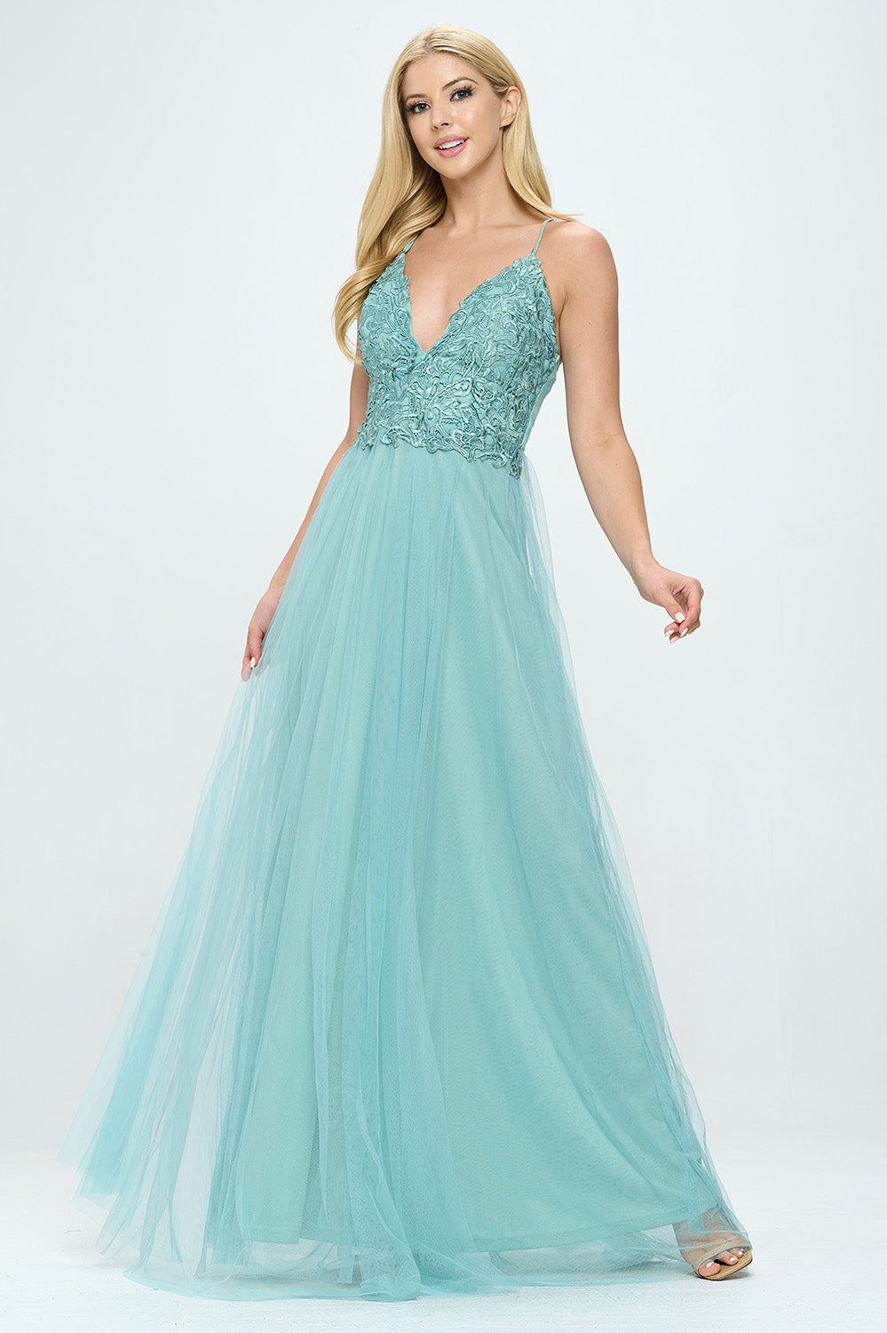 EMBROIDERED LACE DETAIL LAYERED TULLE MAXI DRESS