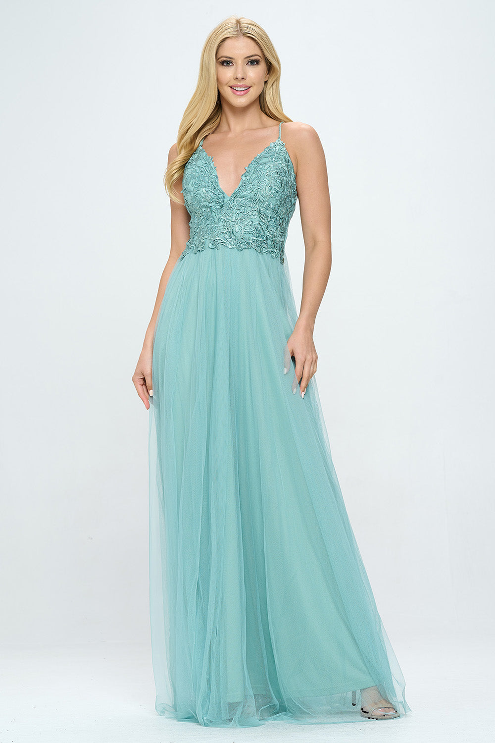 EMBROIDERED LACE DETAIL LAYERED TULLE MAXI DRESS