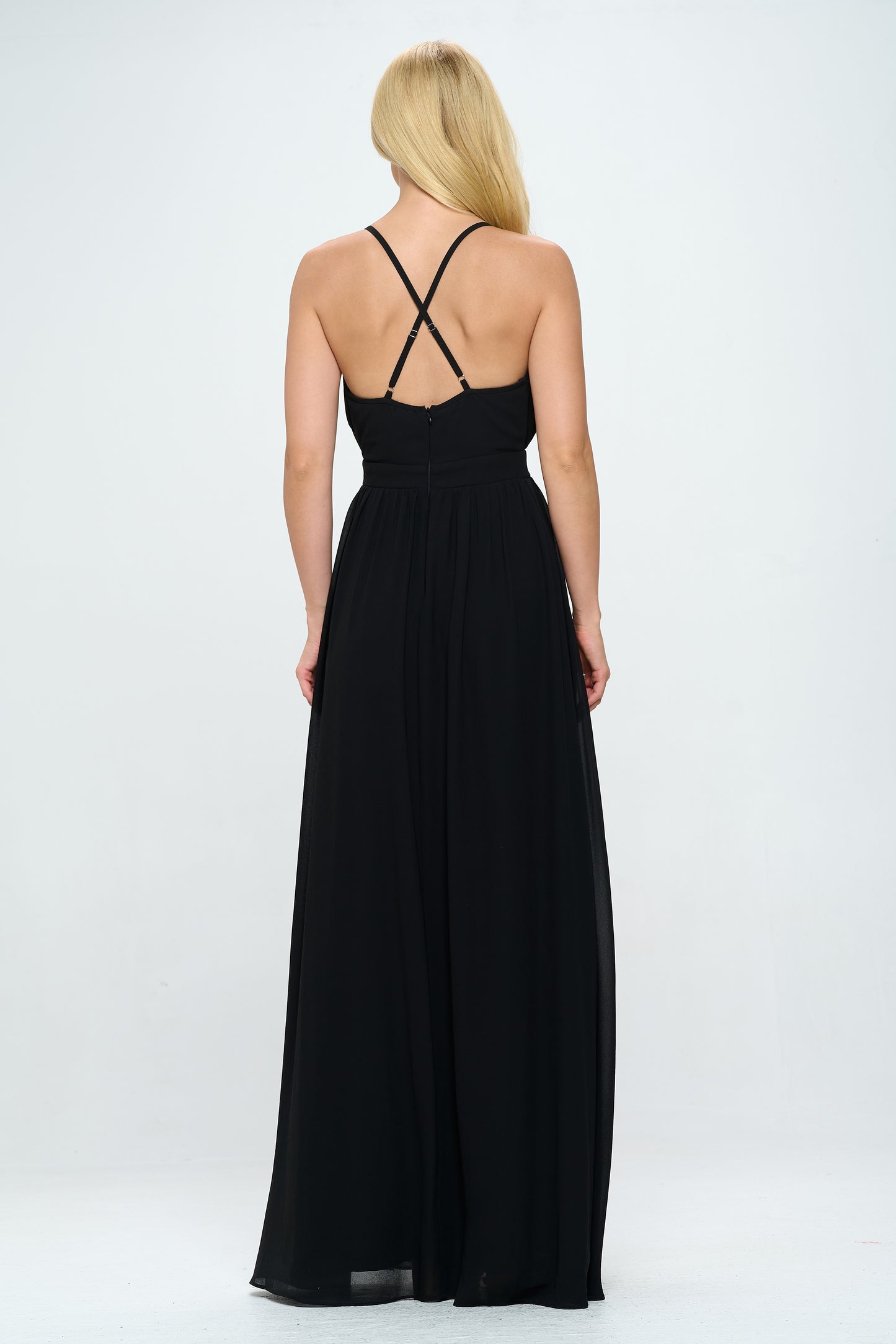 PLEATED CHIFFON PLUNGING V NECKLINE MAXI DRESS