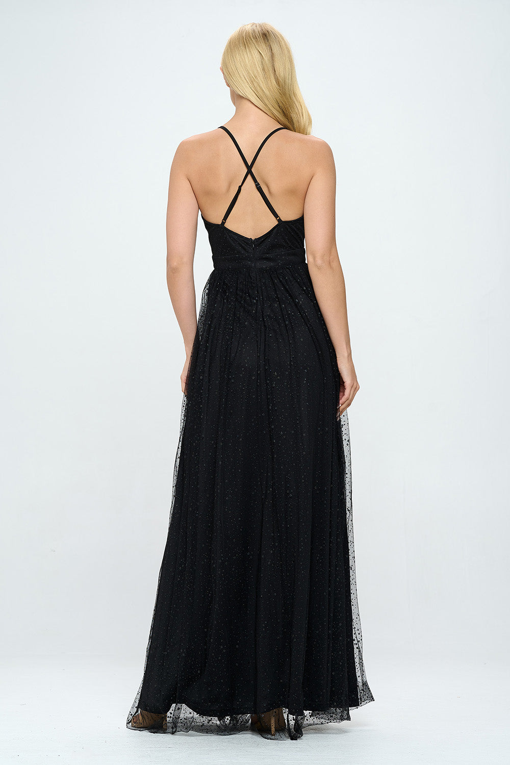 PLUNGING NECKLINE LAYERED GLITTER TULLE MAXI DRESS