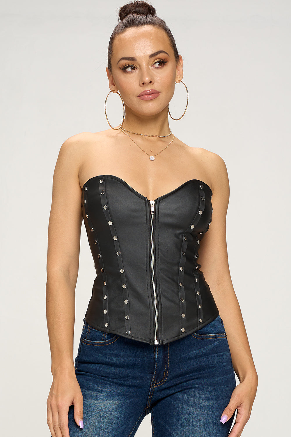 FAUX LEATHER STUD DETAILED ZIP FRONT CORSET TOP – OhYes Fashion