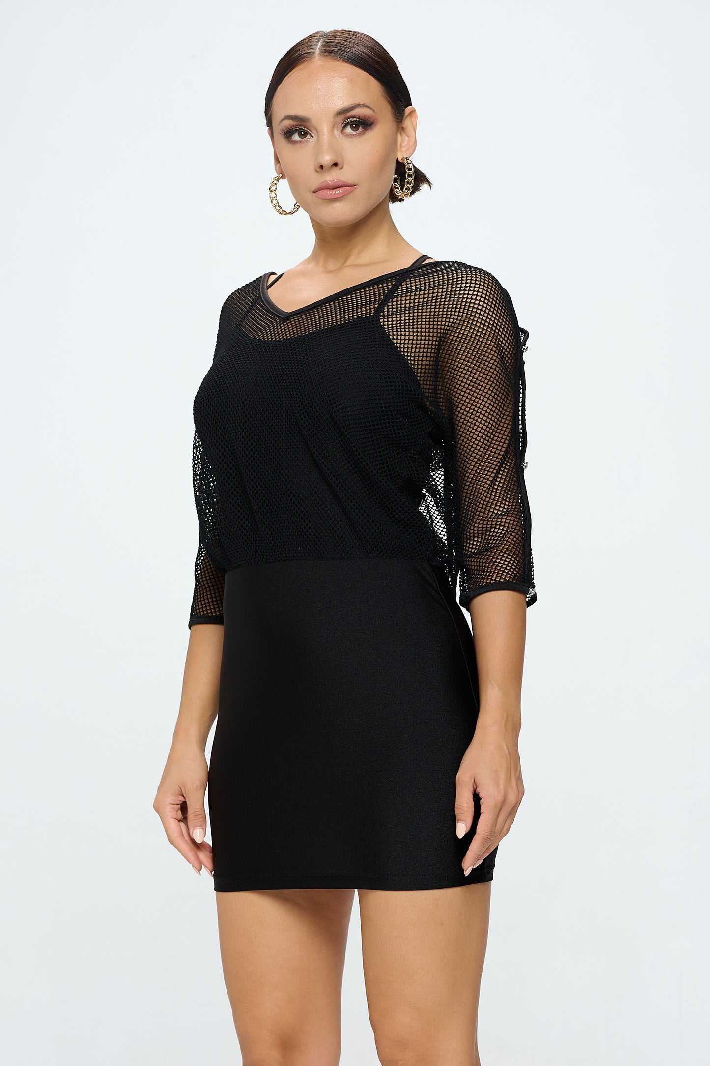 LONG SLEEVE FISHNET LAYERED DRESS