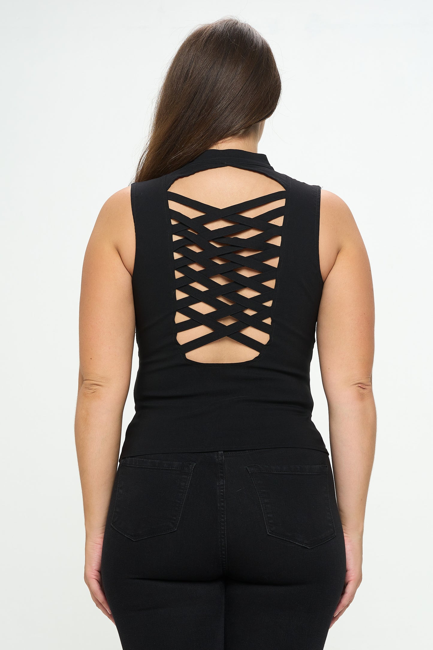 LACE-UP DETAIL CRISS CROSS BACK CUTOUT SLEEVELESS TOP -PLUS