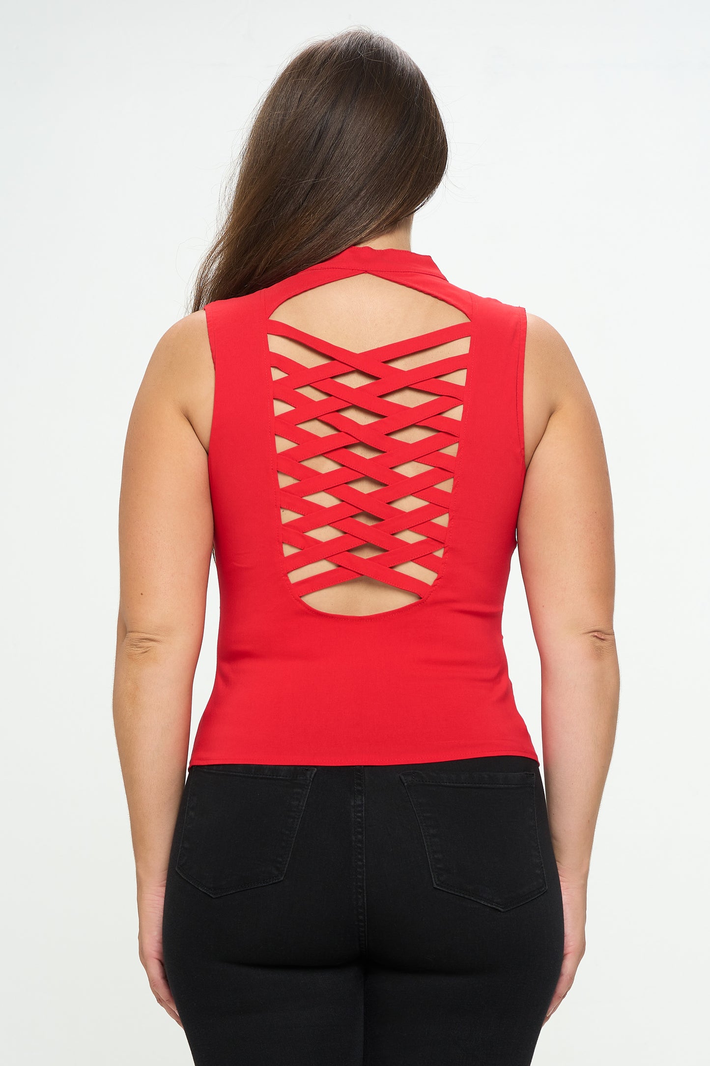 LACE-UP DETAIL CRISS CROSS BACK CUTOUT SLEEVELESS TOP -PLUS