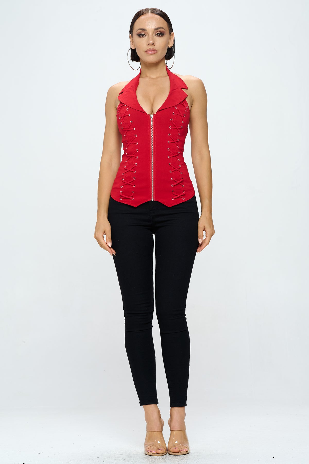 LACE UP COLLAR HALTER TANK TOP