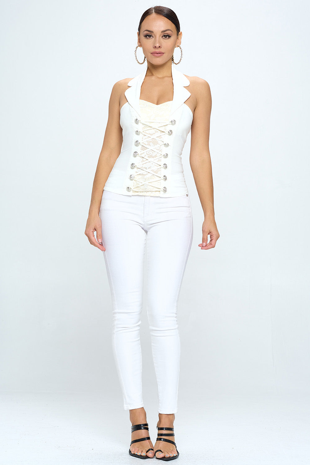 BUTTON DETAIL COLLARED LACE HALTER TANK TOP