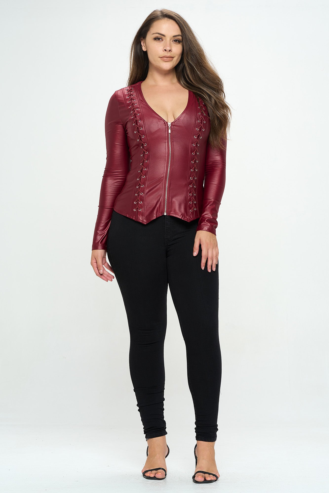 LACE-UP DETAIL ZIP UP LONG SLEEVE JACKET -PLUS