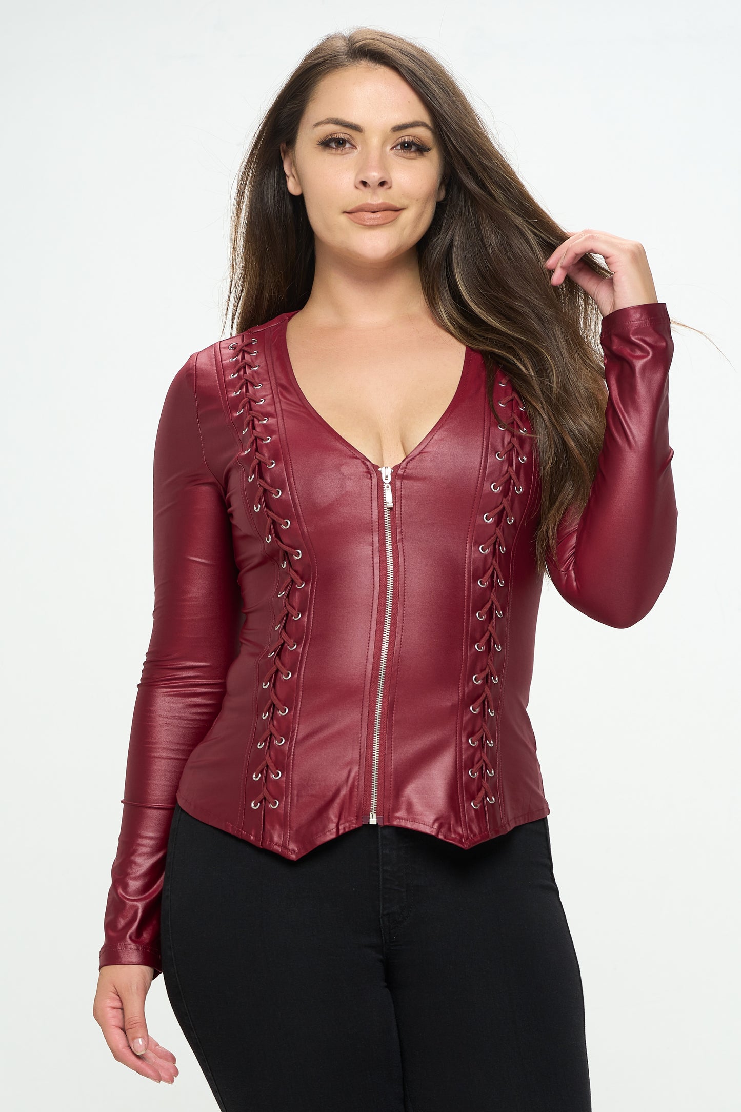 LACE-UP DETAIL ZIP UP LONG SLEEVE JACKET -PLUS