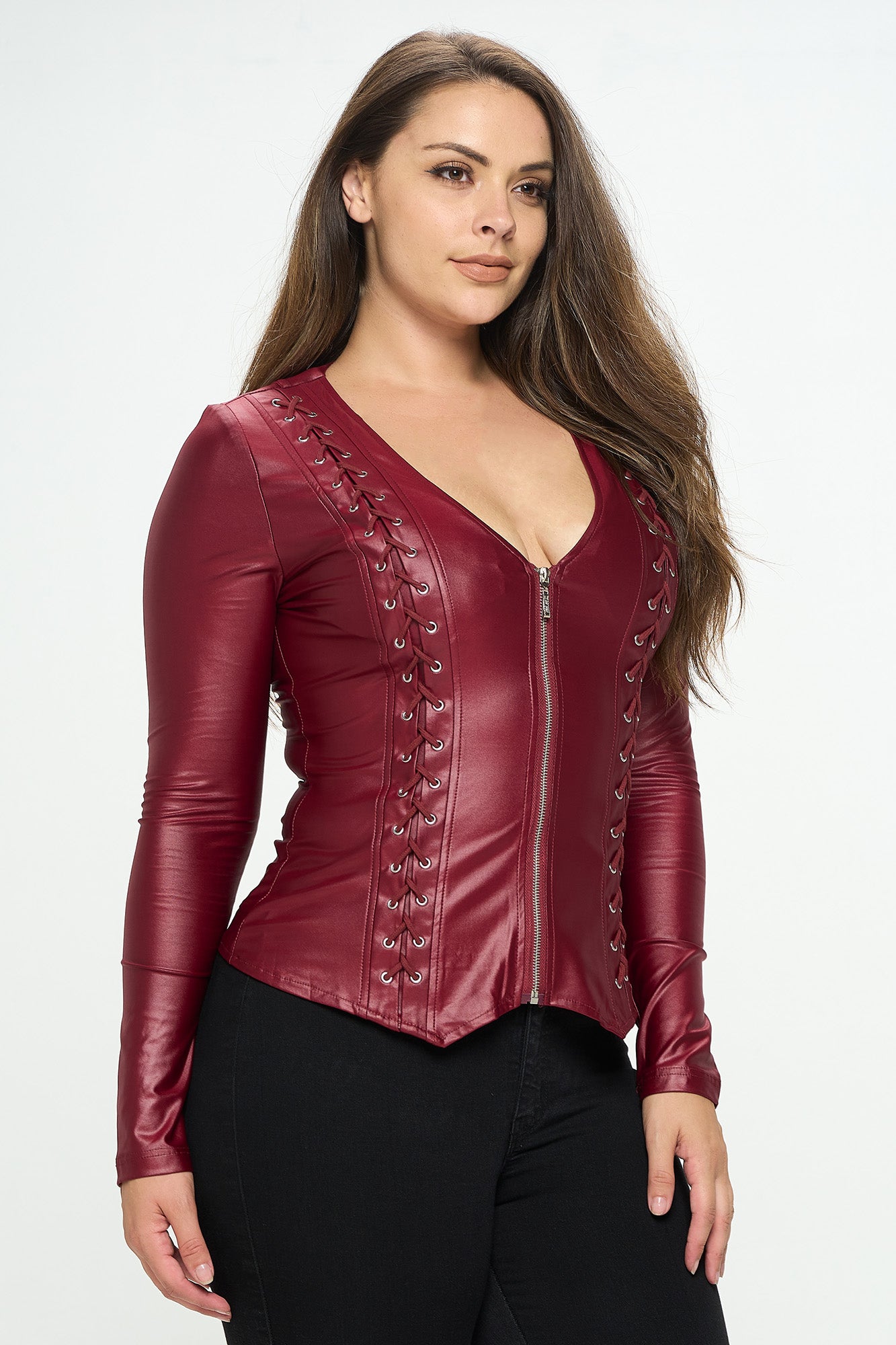 LACE-UP DETAIL ZIP UP LONG SLEEVE JACKET -PLUS_D6730P