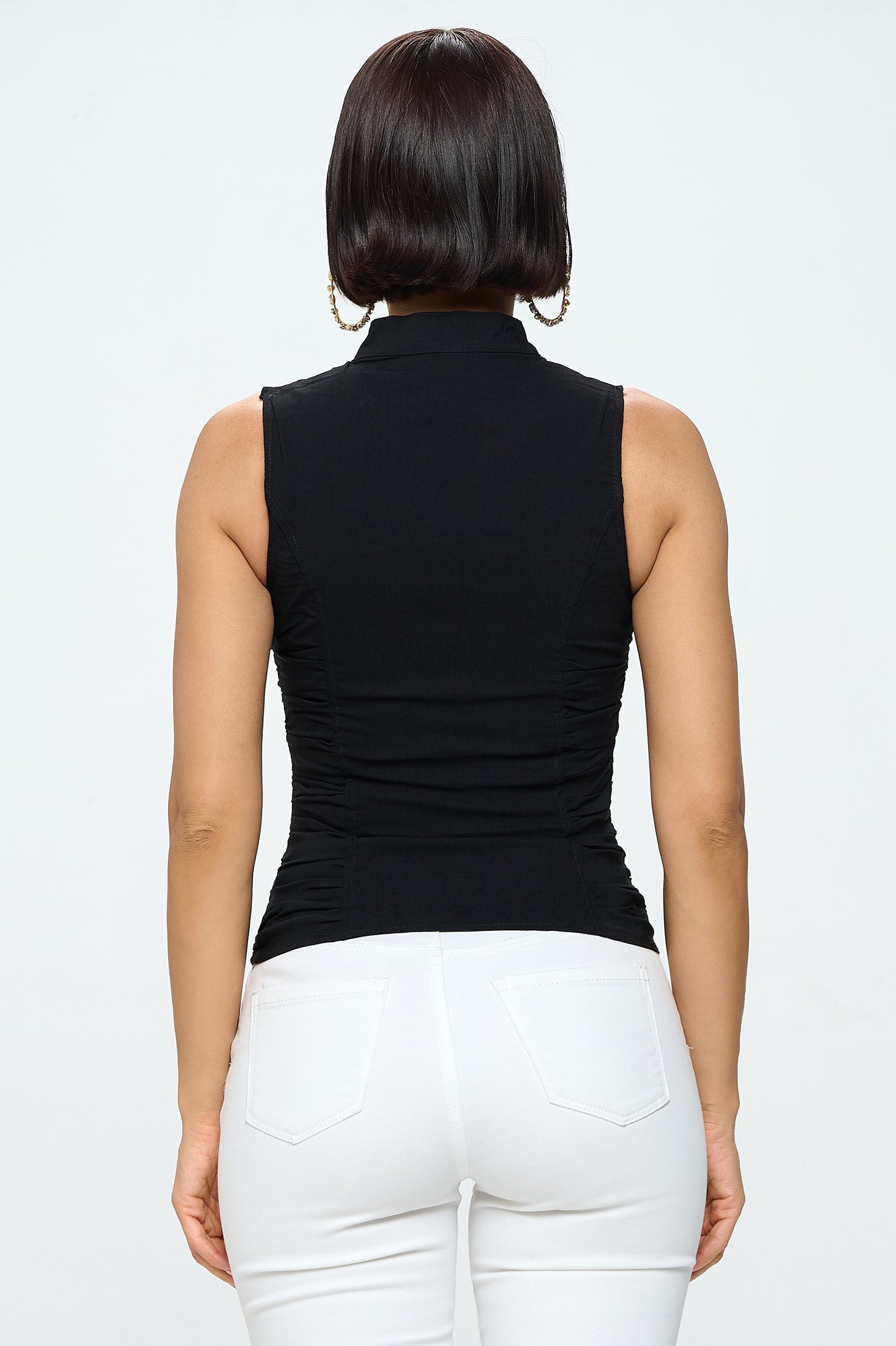 BUTTON DETAIL ZIPPER CLOSURE MOCK NECK TANK TOP_D6732