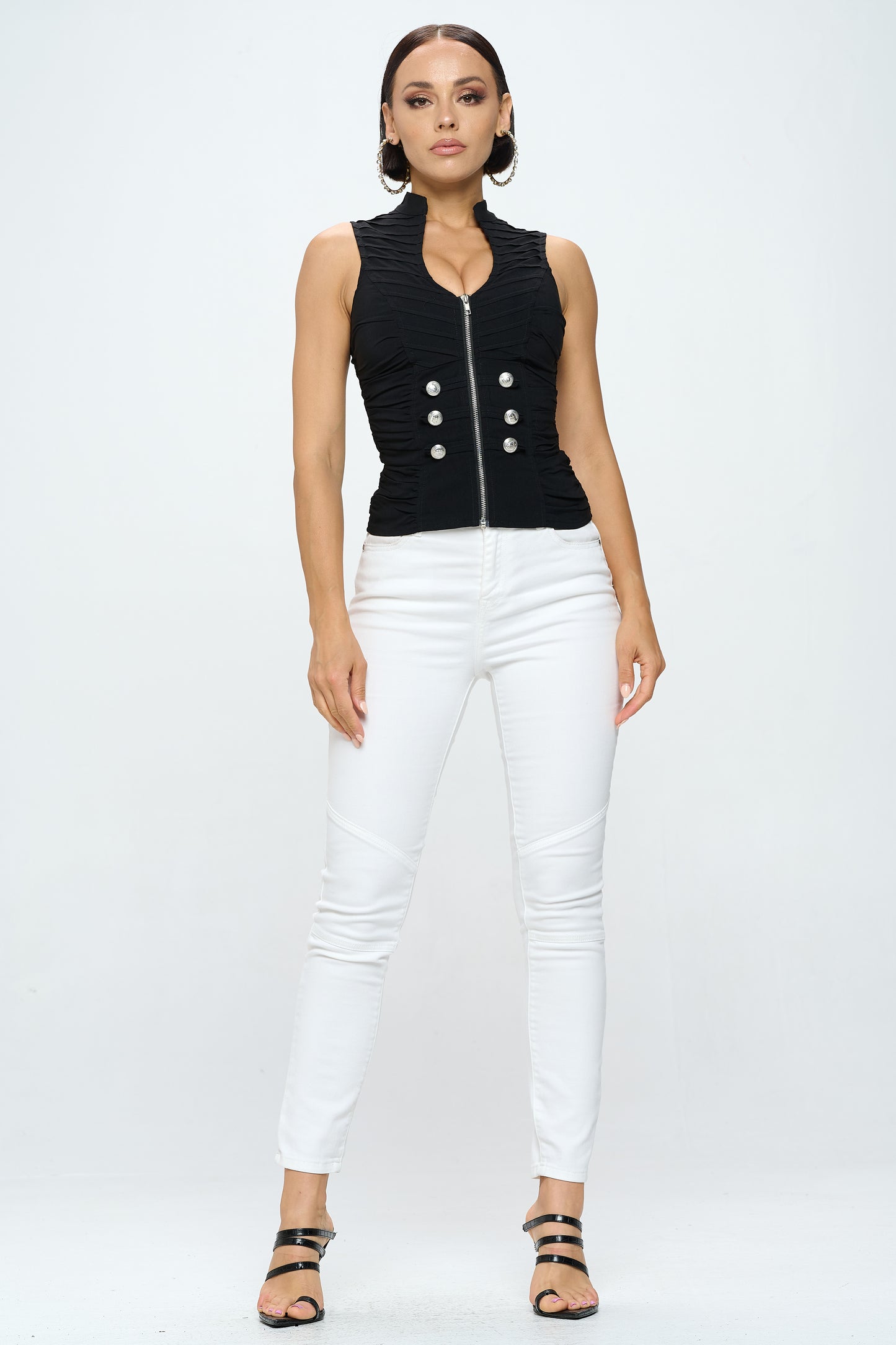 BUTTON DETAIL ZIPPER CLOSURE MOCK NECK TANK TOP_D6732