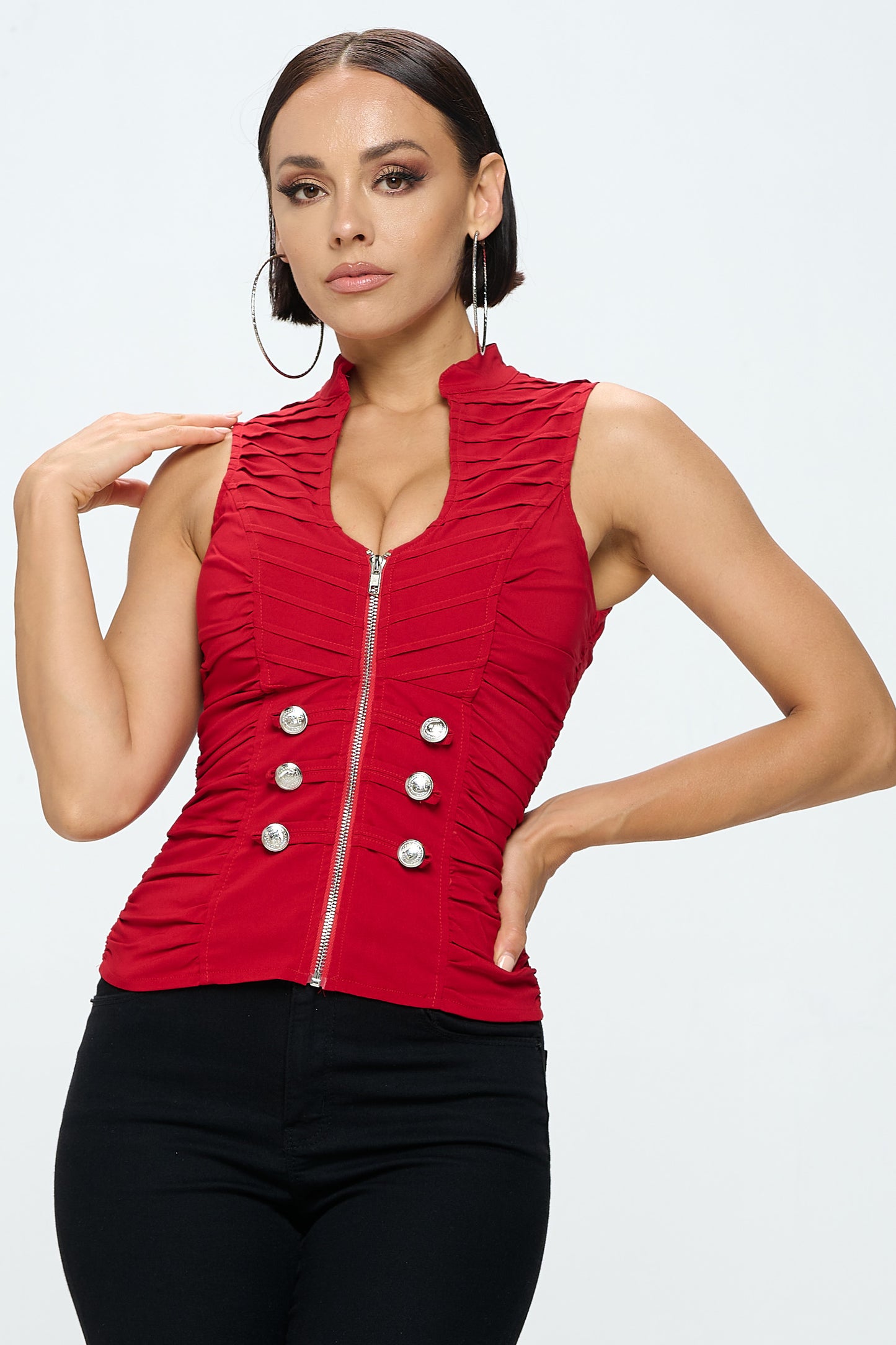 BUTTON DETAIL ZIPPER CLOSURE MOCK NECK TANK TOP
