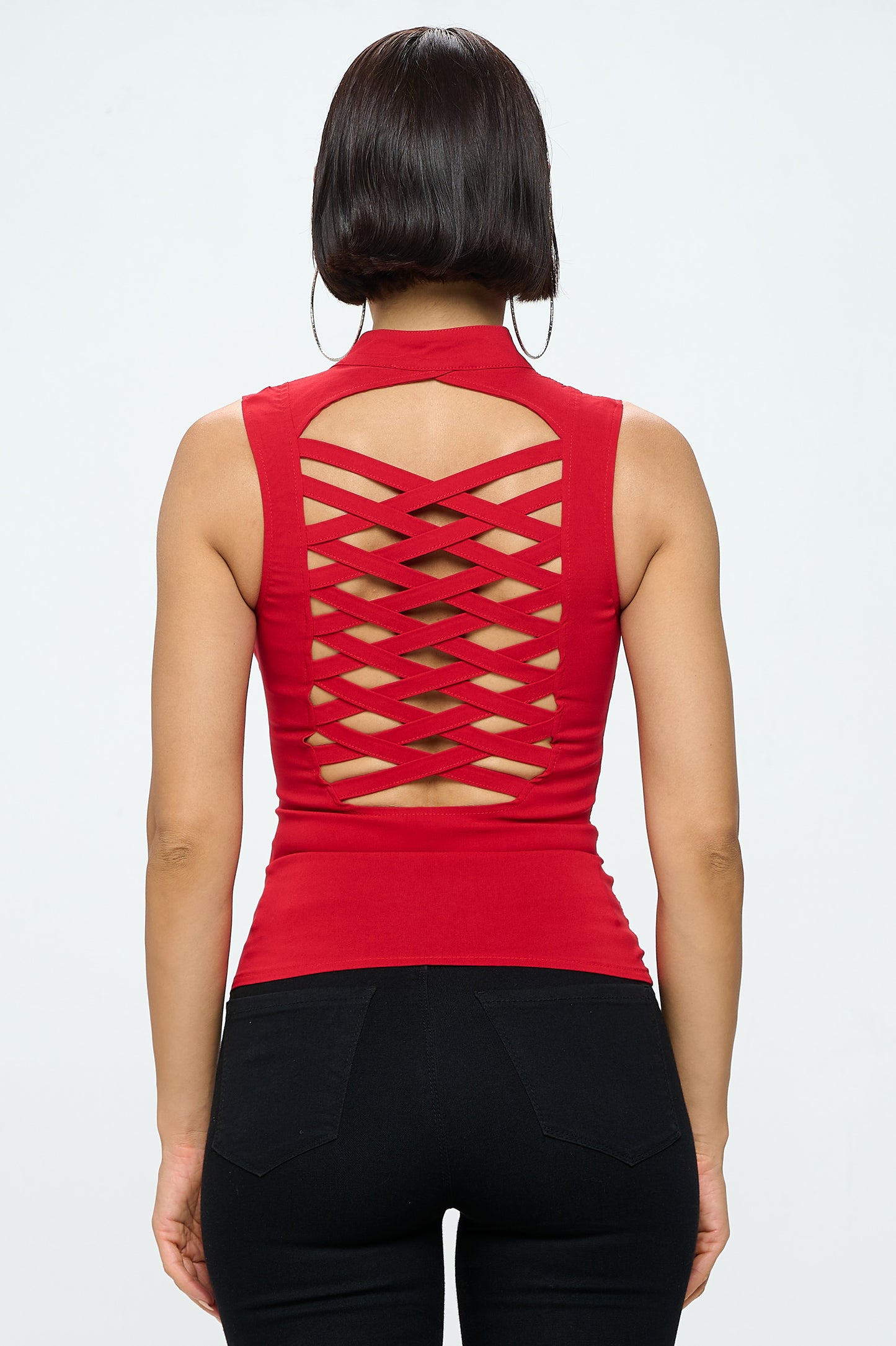 CRISS CROSSED BACK ZIPPER CLOSURE FRONT TANK TOP_D6744