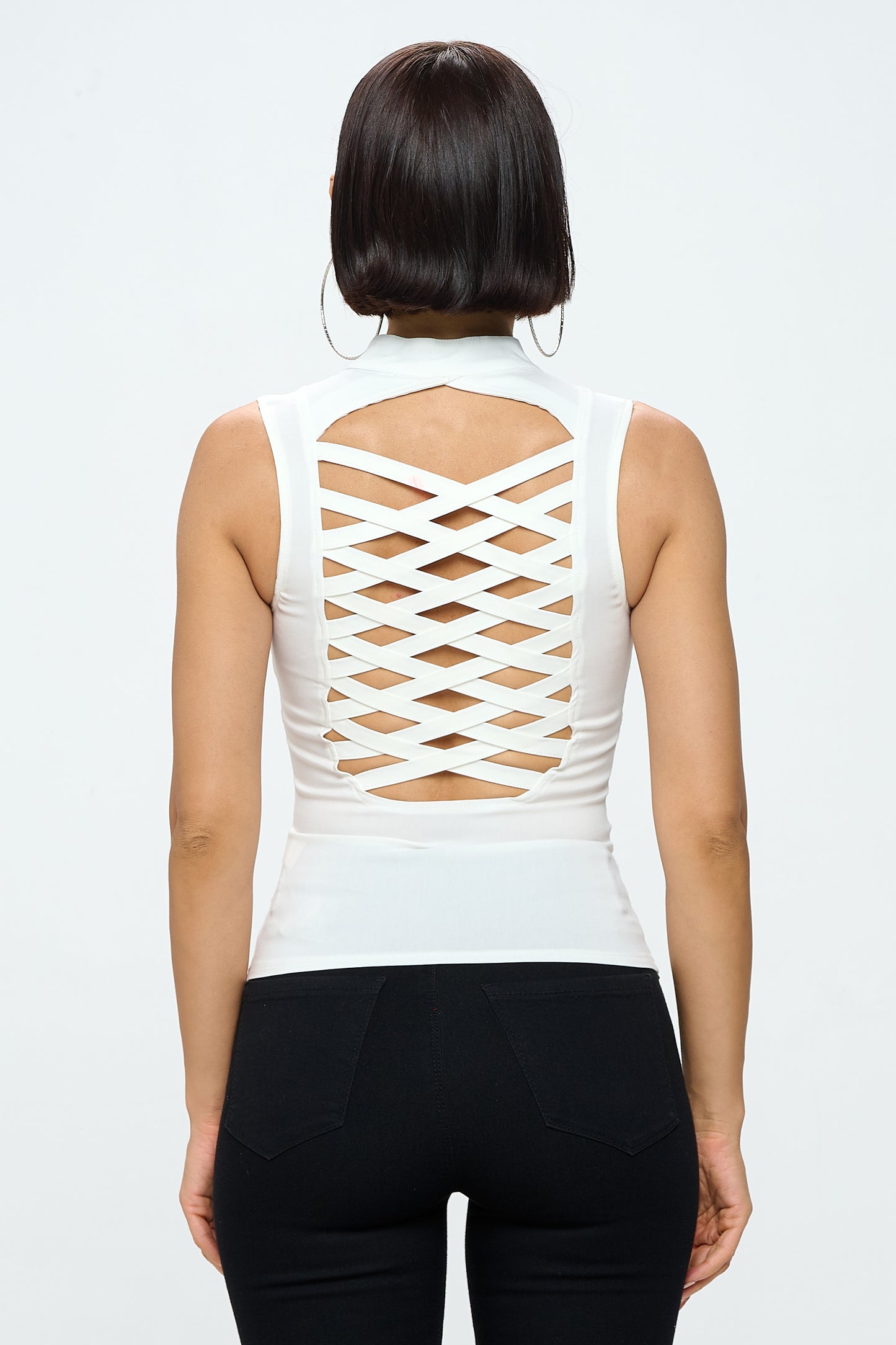 CRISS CROSSED BACK ZIPPER CLOSURE FRONT TANK TOP_D6744