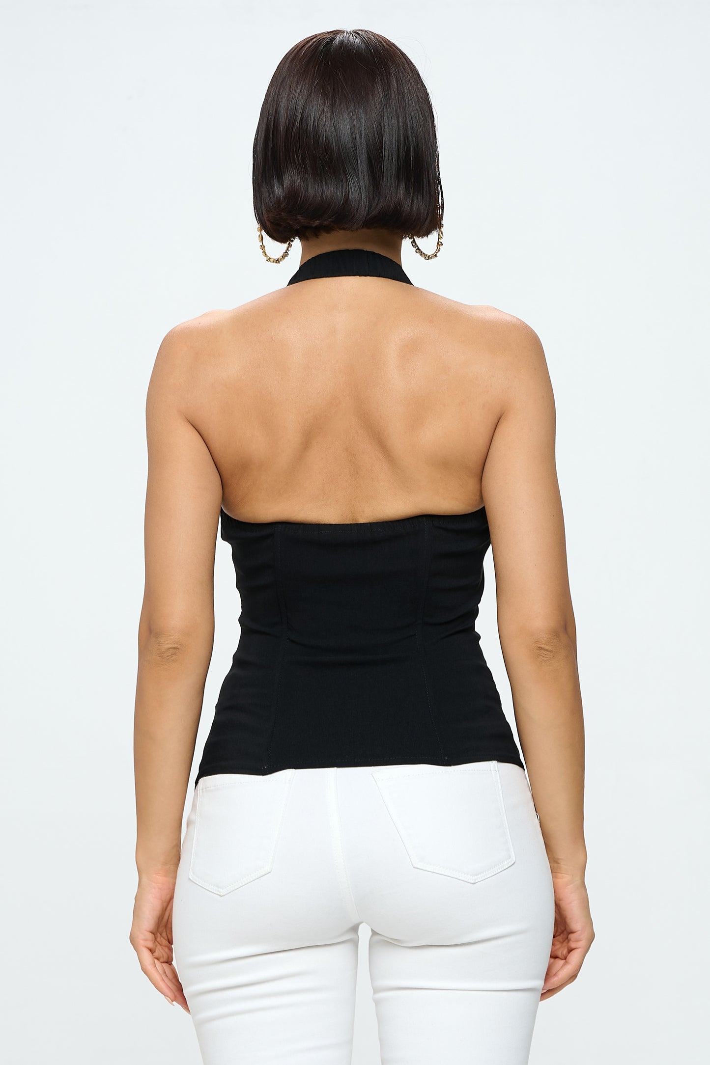 LACE UP DETAIL ZIP FRONT SLEEVELESS HALTER NECK TANK TOP_D6838