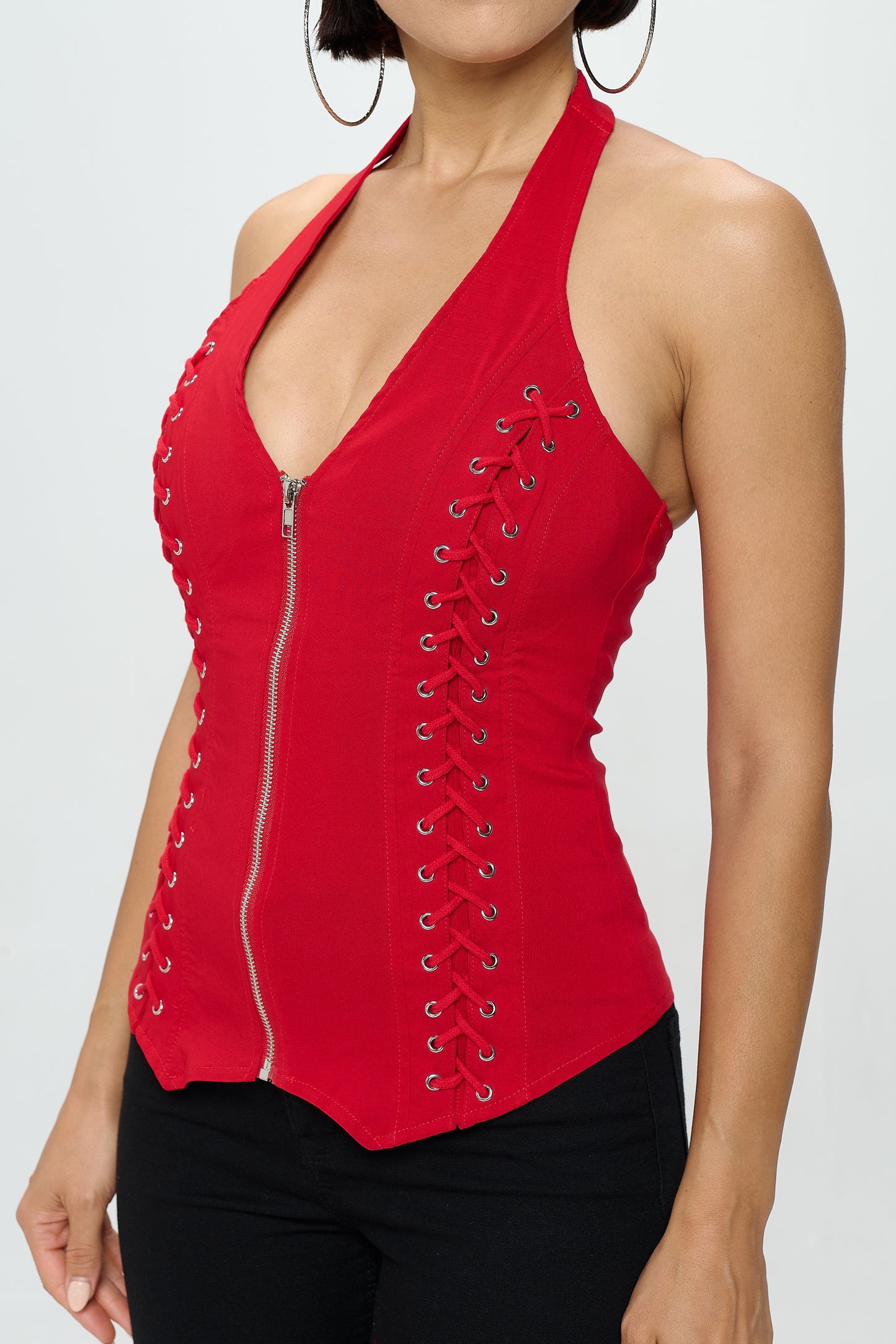 LACE UP DETAIL ZIP FRONT SLEEVELESS HALTER NECK TANK TOP_D6838