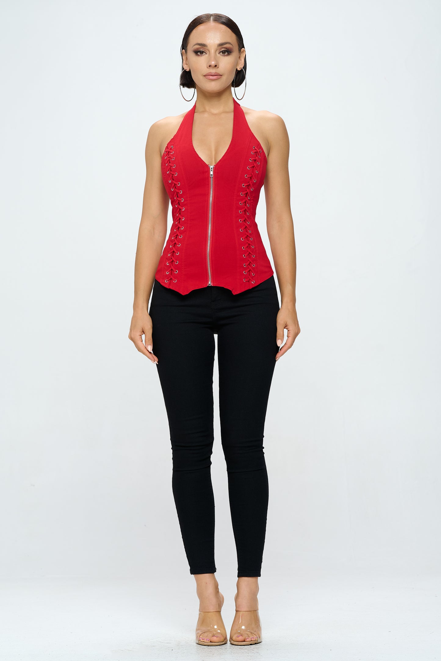 LACE UP DETAIL ZIP FRONT SLEEVELESS HALTER NECK TANK TOP_D6838