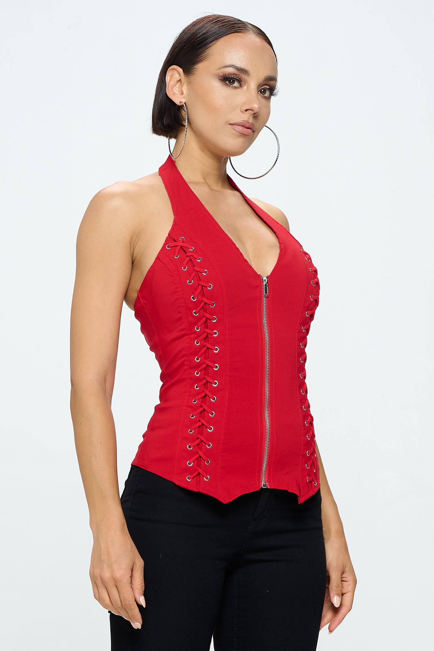 LACE UP DETAIL ZIP FRONT SLEEVELESS HALTER NECK TANK TOP_D6838