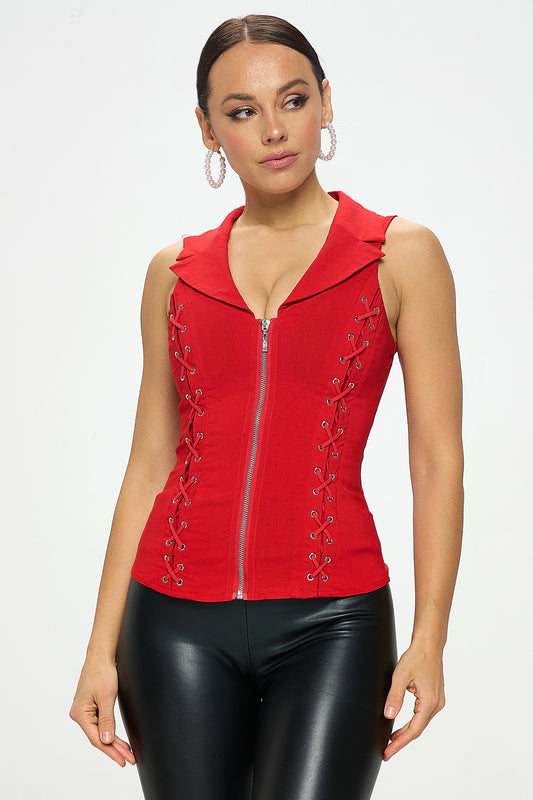 LACE UP DETAIL FRONT COLLARED TANK TOP