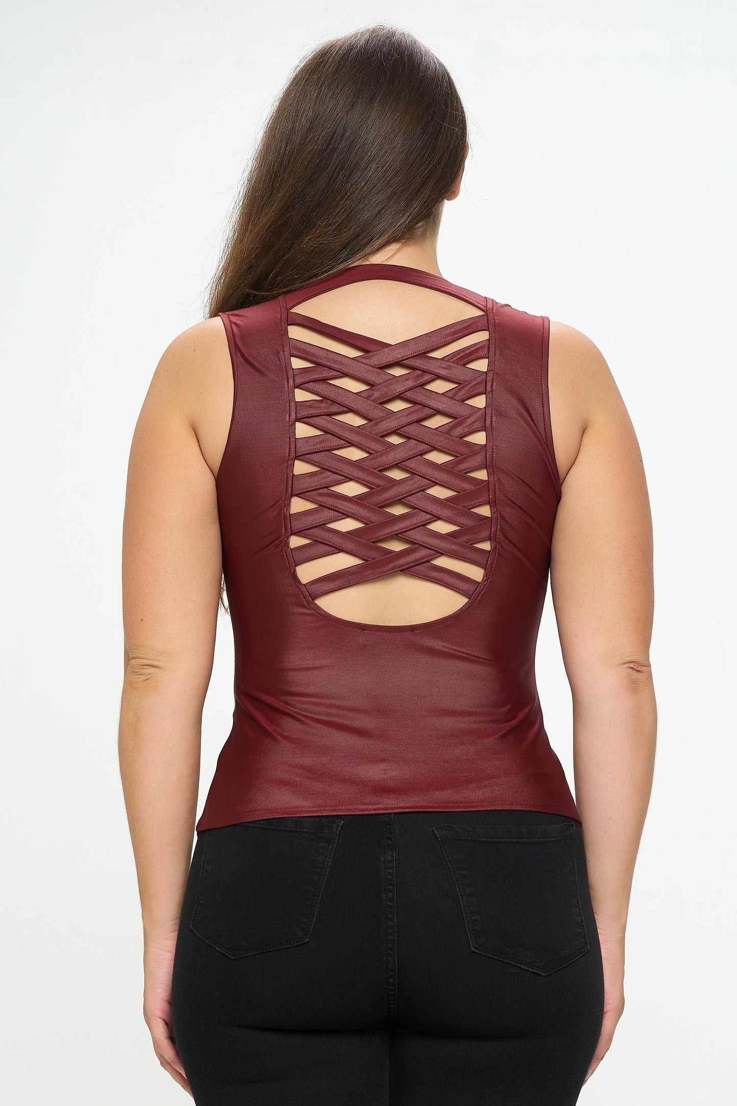 LACE-UP DETAIL ZIP UP SLEEVELESS TOP -PLUS