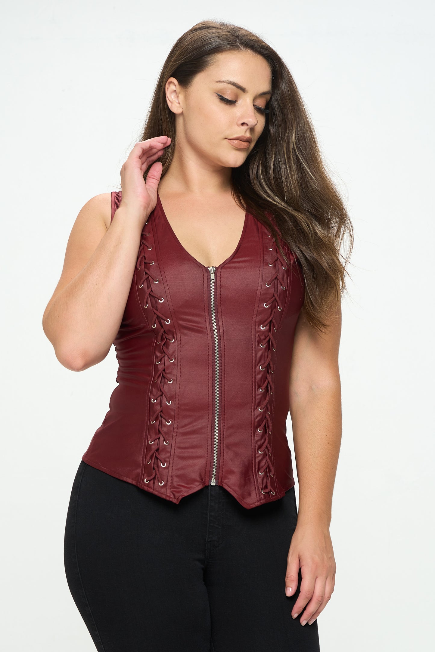 LACE-UP DETAIL ZIP UP SLEEVELESS TOP -PLUS