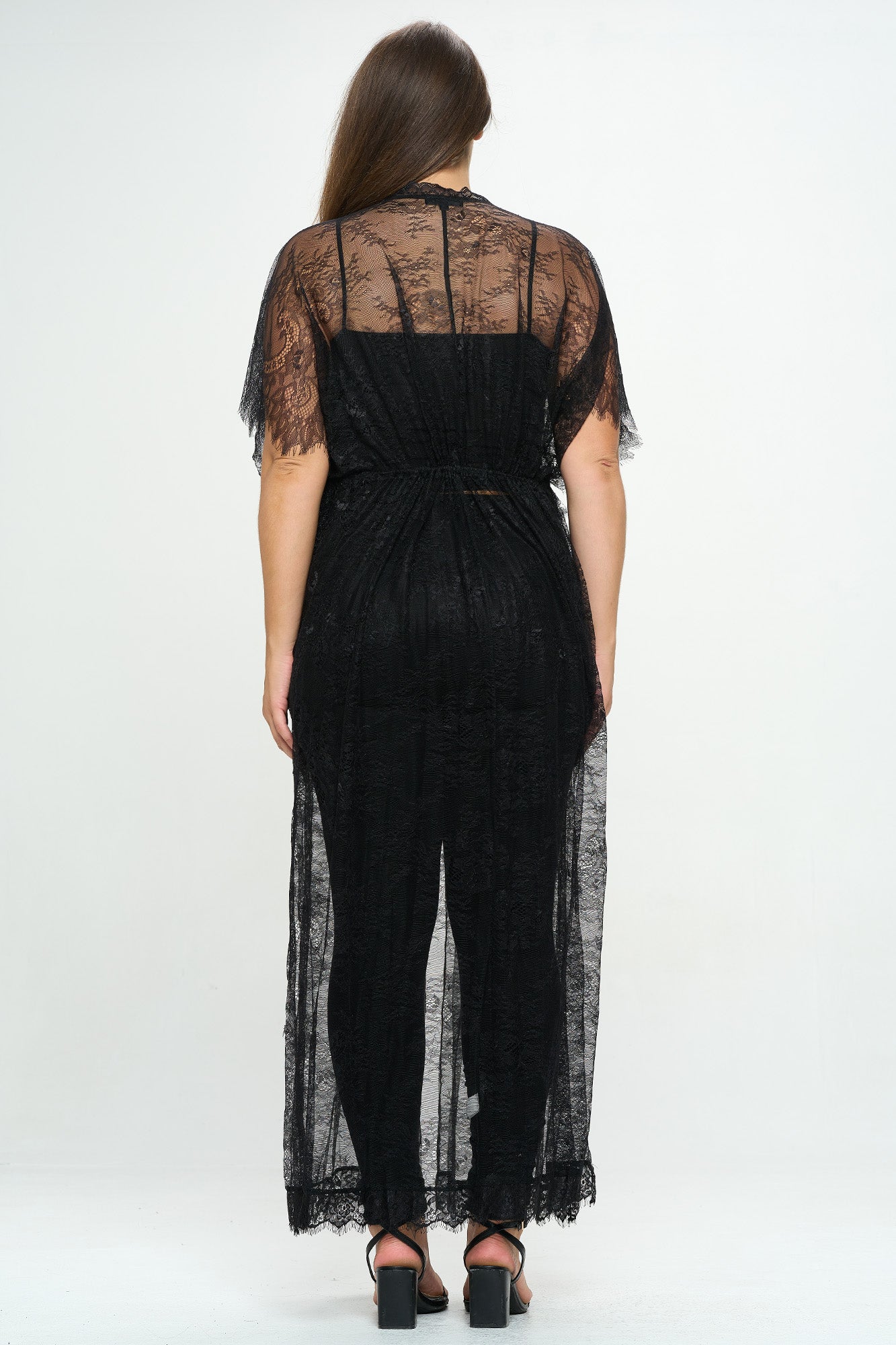 SHEER DRAWSTRING LACE PLUS KIMONO GOWN