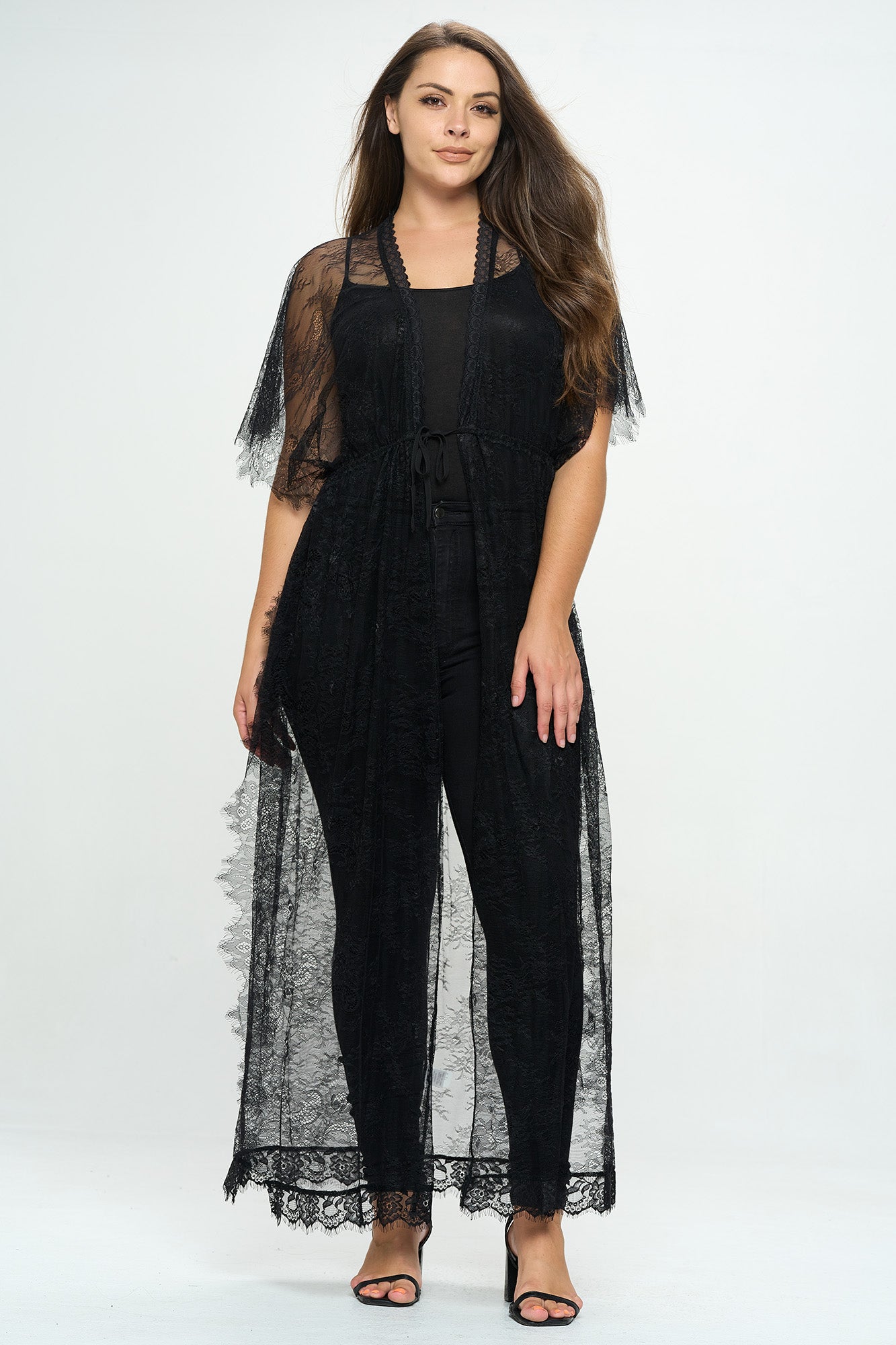 SHEER DRAWSTRING LACE PLUS KIMONO GOWN