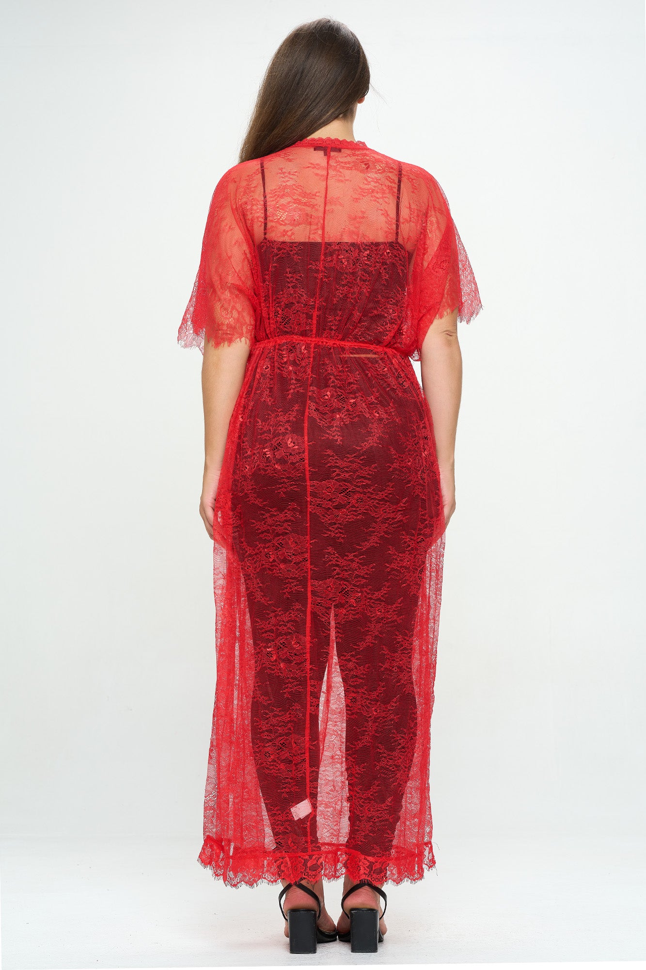 SHEER DRAWSTRING LACE PLUS KIMONO GOWN