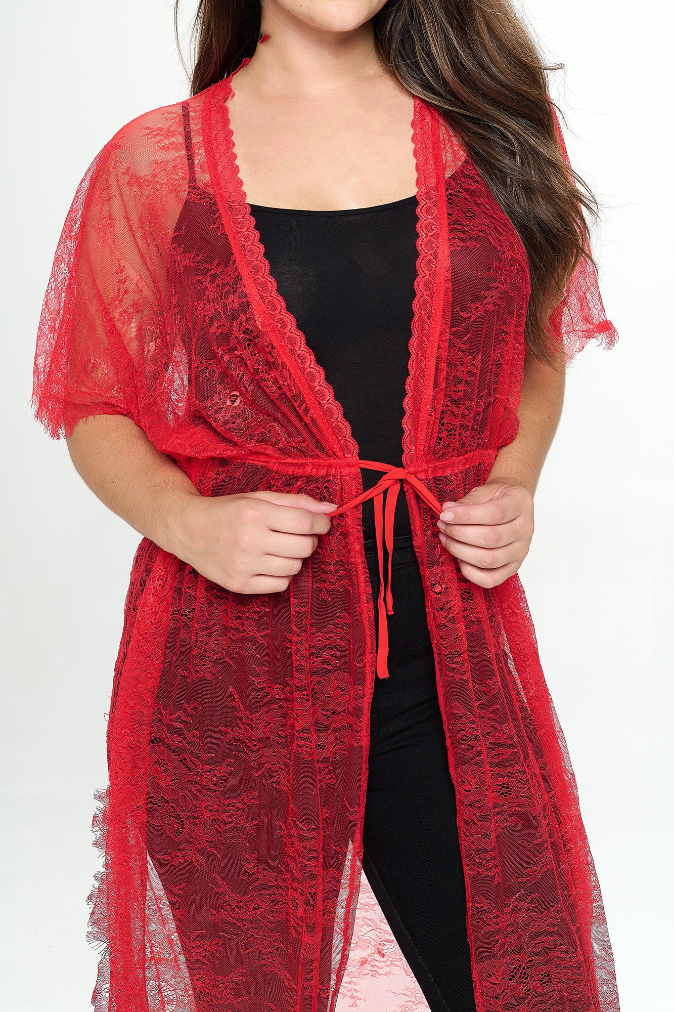 SHEER DRAWSTRING LACE PLUS KIMONO GOWN