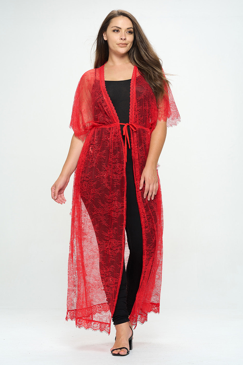 SHEER DRAWSTRING LACE PLUS KIMONO GOWN
